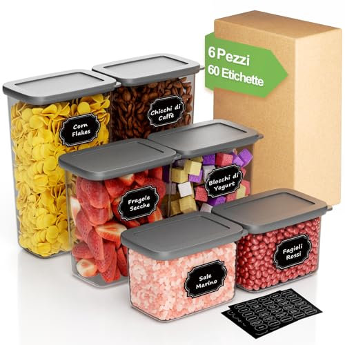 Homhut Contenitori Ermetici per Alimenti 6 Pezzi, Contenitori per Alimenti, Barattoli Cucina con Coperchio, Contenitori Cereali Muesli Farina (Max 1,8L)