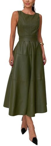 CHARTOU Women PU Faux Leather Sleeveless Elegant Flowy Long Dress Party Night Out Dress with Belt (Medium, Green)