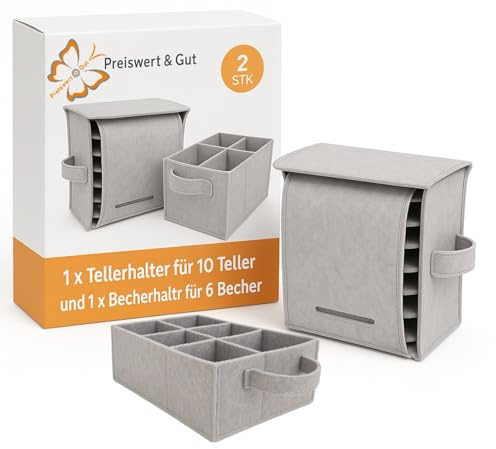 Tellerhalter und Tassenhalter aus Filz für 10 Teller und 6 Tassen Set | Geschirrhalterung für Wohnmobil und Wohnwagen, mit Fach für Gläser, Maße 27 x 20 x 17 cm und 29 x 20,5 x 11,5 cm.