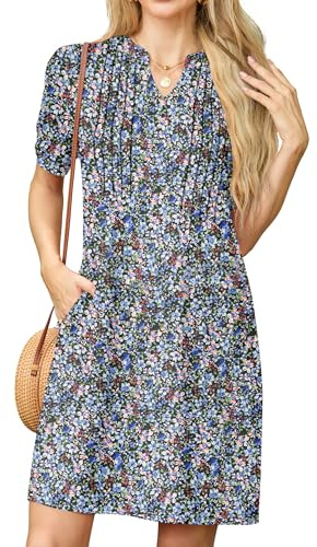 GRECERELLE Sommarklänning för kvinnor, ledig, kortärmad, V-ringad, T-shirtklänning med fickor, Svart med anemonblomma, L