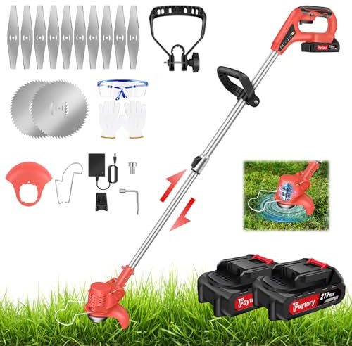 Cordless Strimmer With 2 Battery And Charger - 21V Telescopic Lightweight Grass Trimmer Battery Grass Trimmer With 10 x Metal Blades & 2x Circular Saw Blade, 24cm Cutting Width Garden Lawn Trimmer