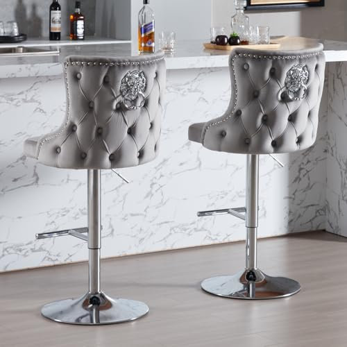 Ya-Home Samt Barhocker 2er Set, Höhenverstellbare Tresenhocker mit Löwenring-Zuggriff Gepolsterte Barstühle Moderne Küchenhocker für Küche, Theke,Grau
