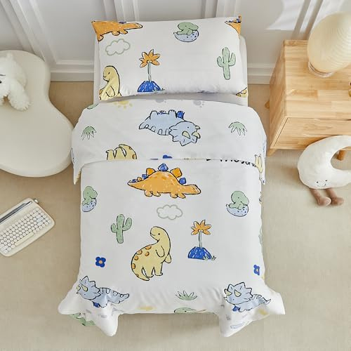 PinkMemory Single Bedding Set Dinosaur Children Duvet Cover Set Cute Kids Single Quilt Cover and Pillowcase Set for Girls Boys for All Seasons-135x200CM-Single Size