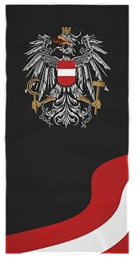 Hoamatkult Frottee-Badetuch Österreich Fahne – Schwarz | XXL Handtuch 80x180cm aus 100% Baumwoll-Velours | Saugstark, weich & schnelltrocknend | Kultdesign mit Adler & rot-weiß-rotem Stil