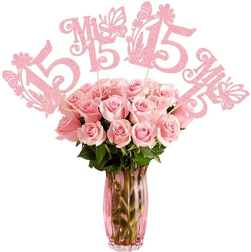 Ephlyn 12 bastoncini centrotavola Happy 15th Birthday Hello 15 Sweet 15 Sweet 15 centrotavola da tavolo bastoncini quindici Mis 15 mele cotogne decorazioni floreali per applausi a 15 forniture per