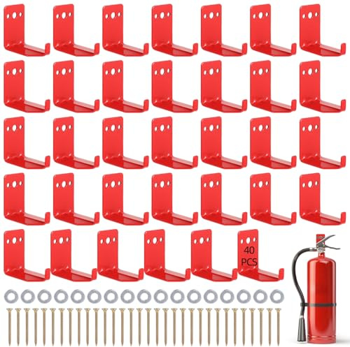 40 PCS Fire Extinguisher Brackets, Wall Mount Metal Hook Holders for Dry Powder Fire Extinguishers, 3-Hole Secure Wall Hangers with Screws & Washers, Quick Release