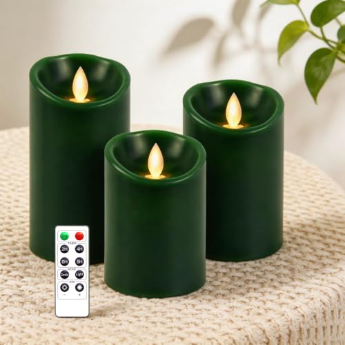 AiiBowy Led Kerzen [3er Set] Flammenlose Echtwachs Flackernde Dimmbar mit Fernbedienung Weihnachtskerzen led kerzen adventskranz 4/5/6” Tischdeko, Halloween, Weihnachten, Hochzeit, Party (Grün)
