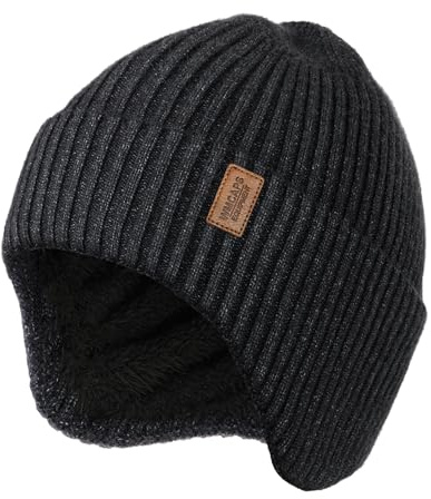 Wmcaps Winter Beanie with Earflap for Men Women, Thick Fleece Lined Soft Thermal Warm Unisex Knit Hat Woolly Hats for Outdoor Activity Gifts for Men Husband Dad Him, Dark Grey
