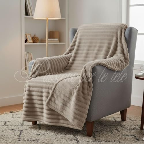 Plaid in Pile matrimoniale, Coperta Morbida per Divano, Poltrona e Letto, Multicolore (Rigato tortora, 190x205)