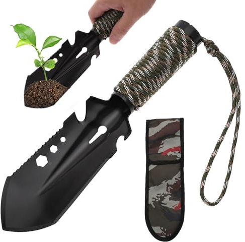 Lvjkes Gartenschaufel, 9-in-1 Multifunktions Ultraleicht Gartenschaufel Klein, Edelstahl Schwarz Camping Schaufel, Mit wasserdichte Tragetasche für Camping im Freien, Gartenarbeit, Strand, Abenteuer