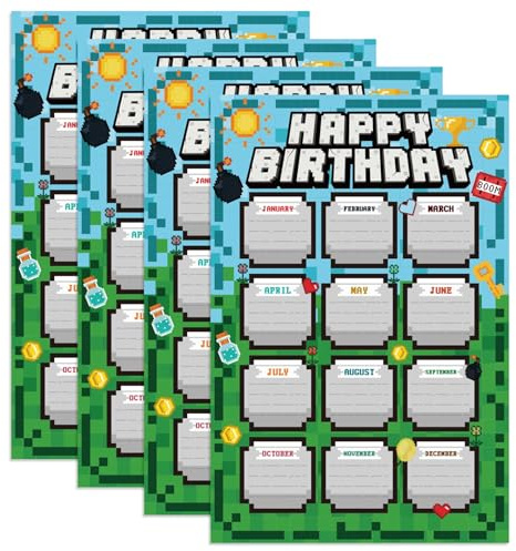 SAVITA 4pcs Calendrier d'Anniversaire, Thème Pixel Réutilisable Affiche Calendrier d'Anniversaire Décoration pour Tableau d'Affichage Classe Fournitures Scolaires pour Enseignants Décoration Murale