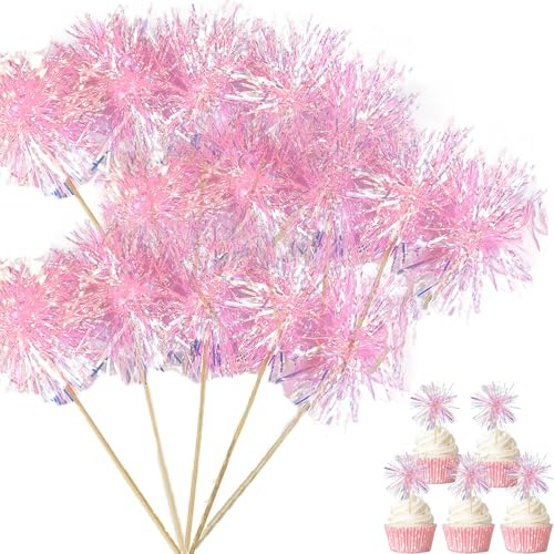 50 Stück Tortendeko Rosa, Feuerwerk Cupcake Toppers Glitzer Torten Deko Geburtstags, Happy Birthday Kuchendekorationen, Feuerwerk Tortendekoration für Geburtstag Hochzeit Weihnachten Neujahr