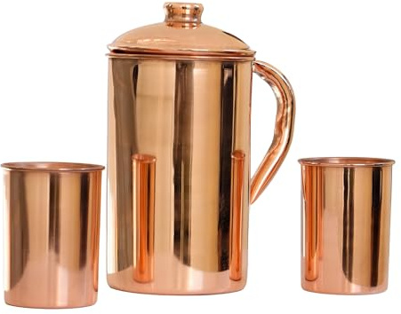 COPPAYA Pure Copper Pitcher and Tumbler Set, 1.5 Litre Jug with 2 Tumblers, 350ml Cups, Plain Smooth Finish, Made in India
