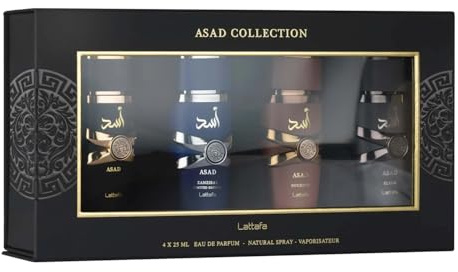 Lattafa Asad Set de regalo de 4 piezas 25 ml - Colección de fragancias orientales para hombre | Asad, Elixir, Bourbon & Asad Zanzibar