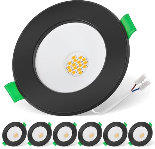 QOJUX Einbaustrahler LED 230V Energieklasse B Warmweiß, 68-80mm Lochmaß | 5W 800LM LED Spots Deckenleuchte, Ultra Flach IP44 Deckenspots für Bad, Küche Wohnzimmer, Nicht Dimmbar,Schwarz-6 Stück