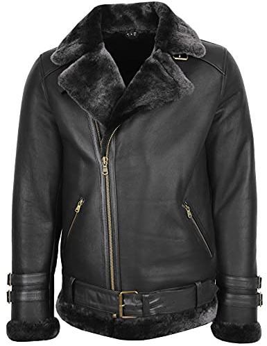 House of Leather Herren Echt Schaffell Flieger Jacke Kreuz Reißverschluss Fliegend Stil Alvin Schwarz L