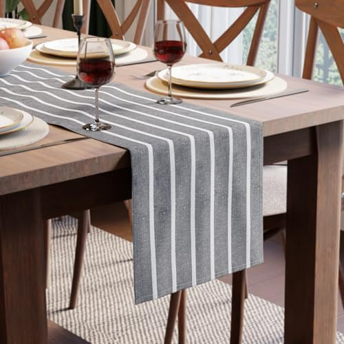 Encasa XO Baumwoll-Tischläufer 4 to 6 Seater | Größe 32x183 cm | Roma graue Streifen - Maschinenwaschbar & Langlebig