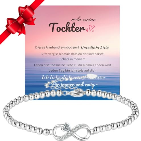 Jbniuay Gåva för Tochter - Tochterarmband - Mutter Tochter Geschenk, Infinity - Zircon för Tochter Silber 925 Perlenarmband Weihnachtsgeschenke för Tochter, Sterlingsilver