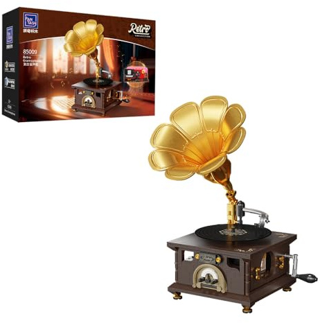 PANTASY Vintage grammofon byggset retro musikspelare modell byggsats en musikalisk nostalgi mästerverk realistisk skivspelare och roterande fotoalbum kompatibelt med