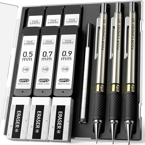 3PCS Metal Mechanical Pencil Set - 0.5 & 0.7 & 0.9mm with 360 Leads, 12 Erasers, Art Mechanical Pencils Pack with Storage Case for School Writing, Sketching, Drawing & Professional Drafting