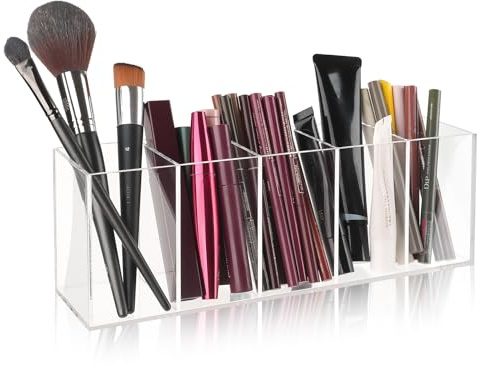 WINKIO Pinselhalter mit 5 Fächern, Acryl Pinselhalter, Klarer schmink organizer, großer Kapazität, unterteilter Aufbewahrung, Multifunktionaler Kosmetik Organizer für Pinsel, Eyeliners, Lippenstift