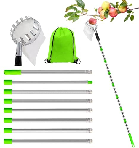 OdiuK 3.2M Obstpflücker mit Teleskopstiel, Kirschenpflücker Diameter 16cm Apfelpflücker mit Baumwollbeutel Obstsammler, Leichter Edelstahl Pflaumenpflücker Obstgreifer für Apfel Zitrus Birnen