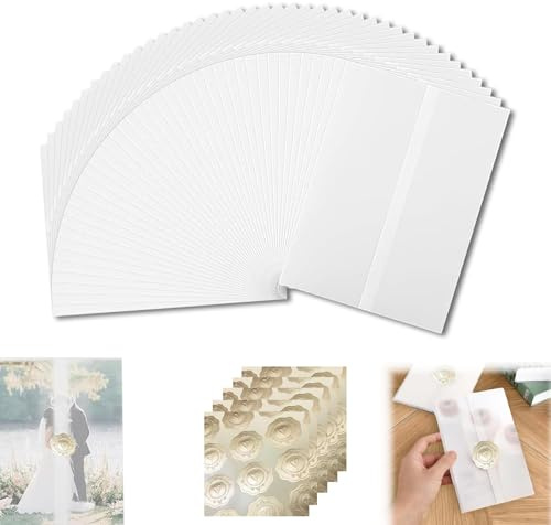 Xiciki 50 Pcs Pre-Folded Vellum Jackets, Wedding Invitation Paper, 5x7 Inch Translucent Vellum Paper Wrap for Wedding Invitations with Seal Stickers