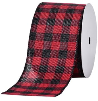 GreatRise 63mm Bunte Weihnachtsband Weihnachten Geschenkband Drahtkantenband Schleifenband Glitzer Band Dekoband Stoffband Bastelband für Geschenkverpackung Weihnachtsbäumen Deko Rot-Schwarz kariert