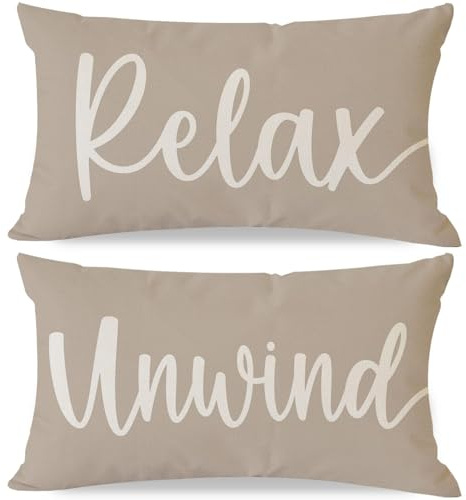 HERHOME Decorative Throw Pillow Covers 12x20 Inch Set of 2 Relax Unwind Beige Outdoor Farmhouse Front Porch Patio Decor Neutral Lumbar Cushion Case Decoration for Home Sofa Couch Living Room