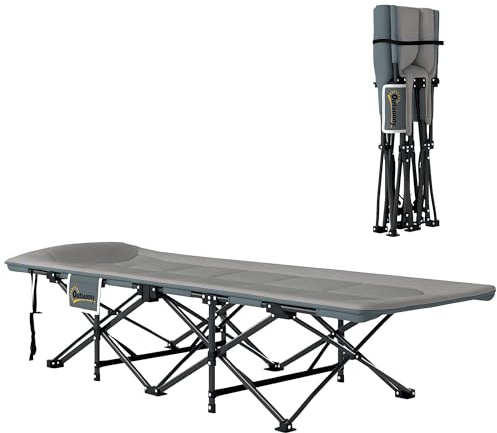 Outsunny Cama Plegable Camping Cama de Acampada Portátil Tumbona de Camping con Reposacabezas y Bolsillo Lateral Carga 150 kg para Playa Senderismo 187x67x37 cm Gris