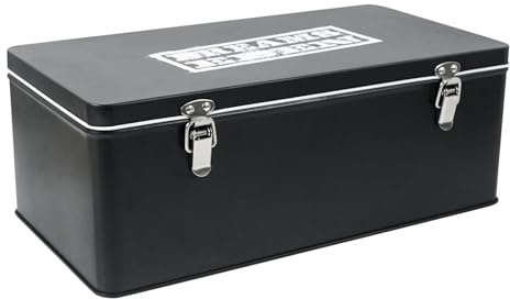 Aoneky Caja de Almacenaje con Tapa y Doble Cierre - 28,5×15×10 cm Caja de Almacenamiento Decorativa Portátil de Metal Hojalata, para Guardar Cosas Galletas Snacks Llaves Tarjetas Fotos, Color Negro | Contenedor de metal para tarjetas de boda, cartas, fotos, velas, organizador de mesa