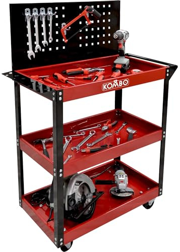 KOMBO - Carro portaherramientas con 3 estantes, panel perforado con 5 ganchos, ruedas giratorias y asa – 81 x 35 x 110 cm – Capacidad de carga: 150 kg, estructura de acero pintado bicolor