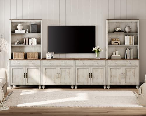 WAMPAT Entertainment Center with Bookshelves for TVs up to 75, Farmhouse Wall Unit TV Stand with 8 Doors & 4 Drawer, Media Console Table for Living Room, Bedroom & Home Theater, Rustic White