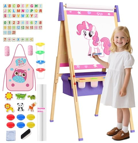 Art Easel for Kids, Adjustable Standing Wooden Toddler Easels, Kids Whiteboard & Blackboard with Paper Roll, Dry Erase Board, Drawing and Painting for Aged 2-4, 5-7, 8-12, Art Supplies Included