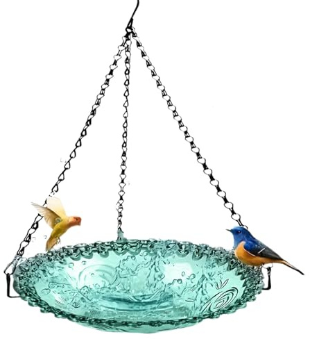 Futterspender für Gartenvögel, Hängeplatte aus blauem Stahl, Zierkette, dekoratives Wasserschale mit heller Beleuchtung, einfach zu montieren, ohne Werkzeug | Montage auf Terrasse, Rasen, P