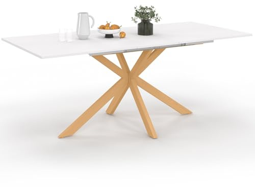IDMarket – Mesa de comedor extensible rectangular Alix 6-10 personas Pie araña madera y bandeja blanca Gisele 160-200 cm