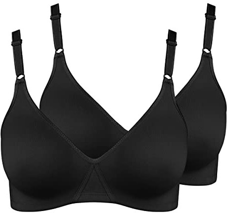 Nur Die 2er Pack Baumwoll BH bügelloser doppellagiger Softcup-BH Bra weich bequem unsichtbar nahtlos unter der Kleidung Damen, schwarz, 90B