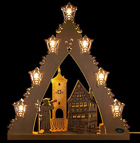 weigla - Lichterspitze original Erzgebirge I Motiv Rothenburg ob der Tauber I LED Lichterbogen Weihnachten I 7 Lampenkerzen + 1 Ersatzlampe I 7 x 34 V, 0,2 W, E10 I Weihnachtsdeko innen I aus Holz