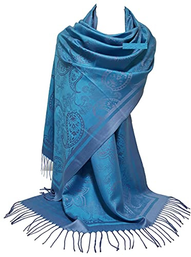 GFM® Damen Schal im Pashmina-Stil - Federn oder Blumenmuster - Türkis Blau- (S1-2054-TXNL)