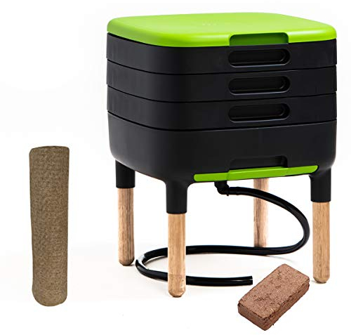 WormBox TinyWorm Design & Compact I 3-stufiger Schraubenkomposter I Komplettset I Schublade I Holzbeine