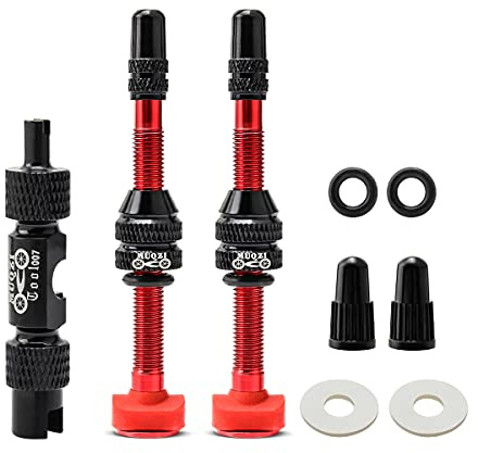 MUQZI Schlauchlose Presta-Ventilschaft-Kits – schlauchlose Fahrradventile mit integriertem Ventilkernentferner und Legierungs-Presta-Ventilkappen für Fahrrad, rot (60 mm)