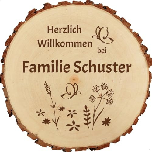 Baumscheibe 18cm mit Gravur (Namen) personalisierte Holz-Scheibe Herzlich Willkommen, Namens-Schilder Garten-Dekoration Tür-Schilder, Geschenk-Idee zu Geburtstagen, MotivGA3