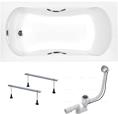 BADLAND Badewanne Original Weiß Acryl Wanne Rechteck ARIA PLUS 160x70 KOMPLETTSET SET + Füßen und Exklusive Chrom Automatik Ablaufgarnitur Made in EU 3in1