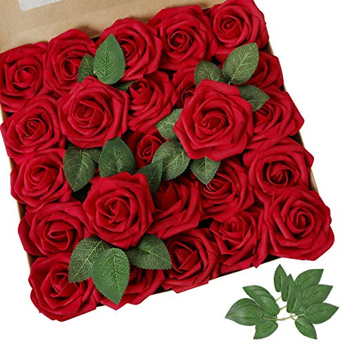AmyHomie Artificial Flower Dark Red Rose 100pcs Real Looking Fake Roses w/Stem for DIY Wedding Bouquets Centerpieces Arrangements Party Baby Shower Valentines Day Christmas Tree Decorations
