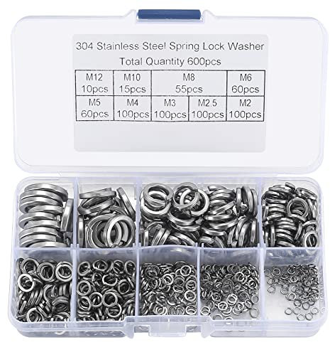 Set di 600 rondelle elastiche a spirale in acciaio inox V2A DIN 127 forma B -M2/M2.5/M3/M4/M5/M6/M8/M10/M12