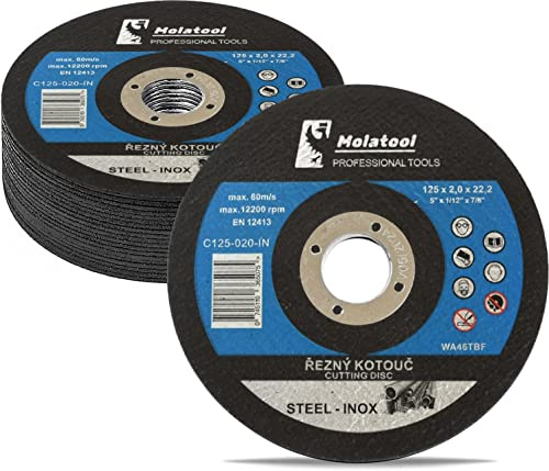 Molatool Lot de 20 disques à tronçonner professionnels 125 x 2,0 x 22,2 mm pour métal, acier, acier inoxydable/inox, lot de 20 disques flexibles pour meuleuse d'angle