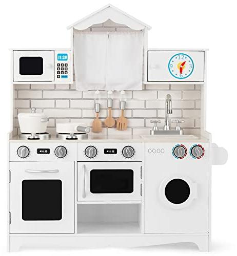 DREAMADE Kinderküche aus Holz, Spielküche mit Spielzubehör, Kinderspielküche mit Spüle Herd Backofen Mikrowelle Waschmaschine, Holzküche Spielzeugküche für Kinder ab 3 Jahren, 78 x 29 x 93 cm