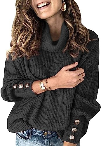 Wenrine Jersey de cuello alto para mujer oversized de invierno de manga larga de punto casual cálido pullover suelto de punto suéter con botones metálicos, Negro , M