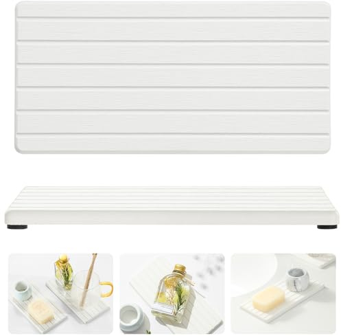 Razborci 2PCS Water Absorbing Stone Drying Tray Mat For Bathroom Sink & Kitchen Counter Faucet Organizer Decor, Quick Dry Dish Soap Dispenser Sponge Holder, Vanity Sink Caddy Bar Coaster,White-8*3.8