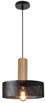 Jadssox Lámpara colgante de madera, lámpara de techo colgante moderna, accesorio de iluminación para isla de cocina con pantalla de malla metálica negra, accesorios de iluminación suspendidos de un so